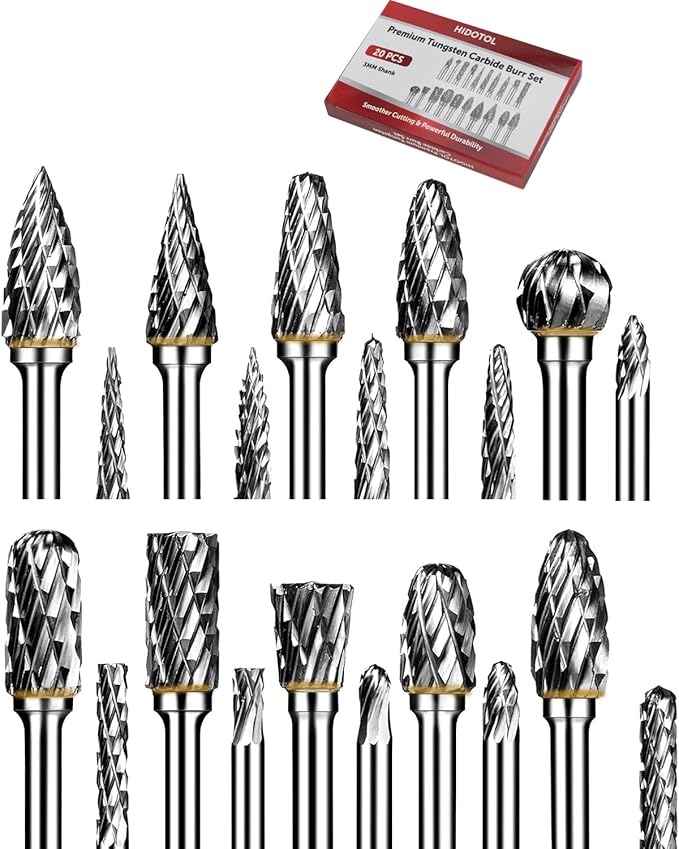 Carbide Burr Set 20PC 1/8" Shank ??3mm Tungsten Double Cut Carbide Rotary Burr Set for Metal and Wood Carving, Grinding, Polishing, Engraving, Drilling.