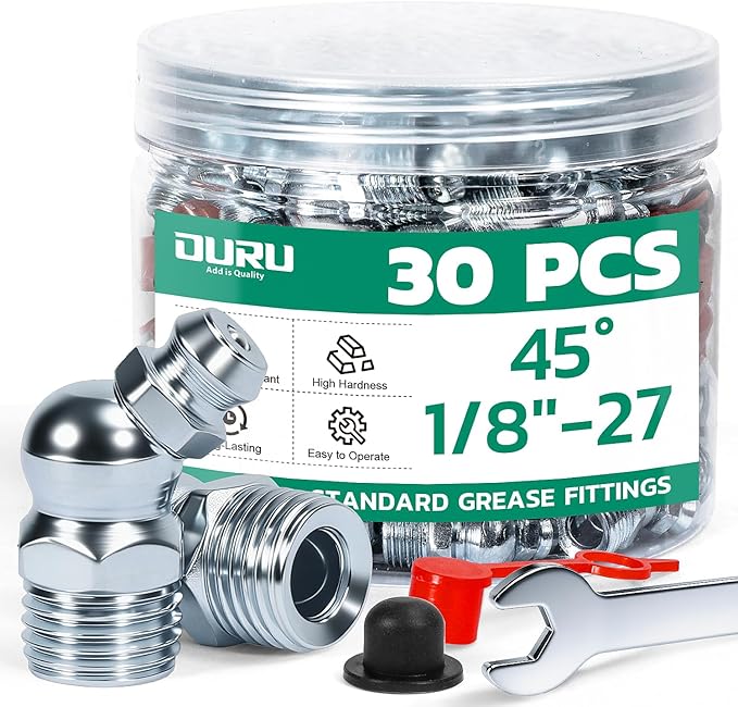 30PCS 1/8"-27 Grease Fittings Kit, SAE Zerk Grease Fittings 45 Degree with Grease Fitting Caps & Wrench Kit(11mm) for Grease Gun