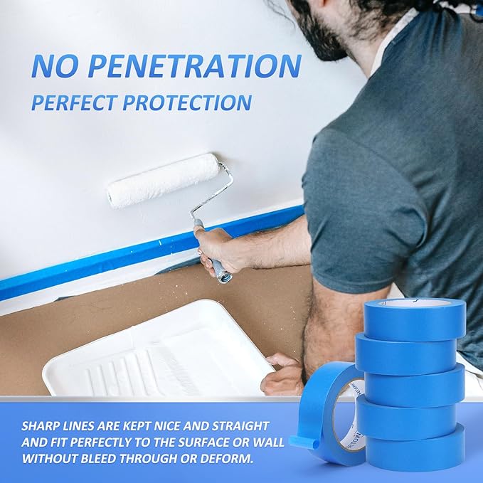 10 Rolls Painters Tape 1.41 inch Bulk Painter Tape Blue Wide Roll, Blue Masking Tape, 1.41 Inches x 55 Yards for General Purpose Wall Painting, Home Improvement