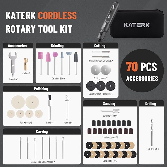 Katerk Mini Cordless Rotary Tool, 5-Speed Rotary Tool Kit, 5000-20000RPM & 70 Accessories, Multi-Purpose 3.7V Power Rotary Tool for Sanding, Engraving, Polishing, Drilling, DIY Crafts, 3D Printing