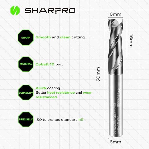 6MM End Mills 6MM Shank, 2 Flute Carbide Square Endmill with AlCrN Coated, Upcut Spiral CNC Router Bits for Alloy Steel, Metal and Stainless Steel