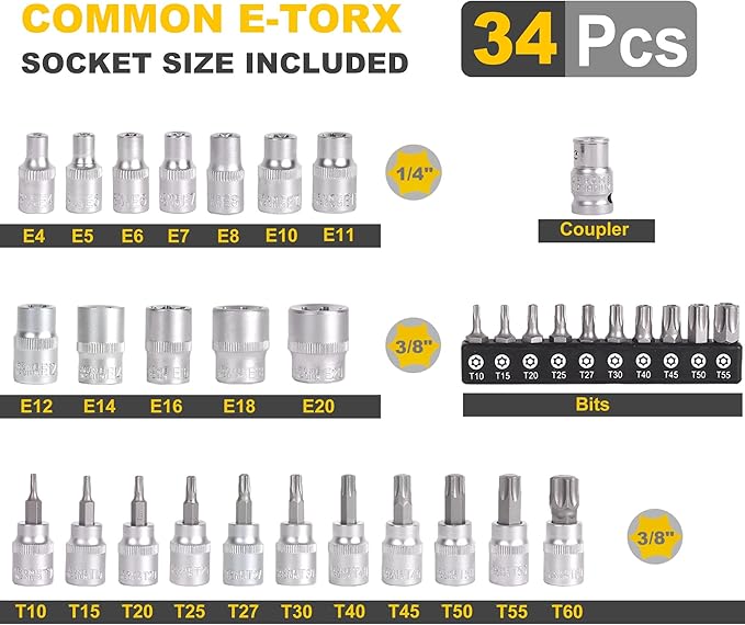 TOPLINE 34-Piece 1/4?? 3/8??Drive E-Torx Socket Set and Torx Bit Socket Set, with Storage case, Premium CR-V Steel, E4-E20, T10-T60, for Mechanic and Home Repair