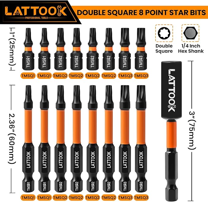 Double Square 8 Point Star Bit Set, LATTOOK 17PCS 8 Point Torx Bits 2 Square Drive Bits, Magnetic S2 Steel Torx Bit Set, 2.3'' & 1'' Long, #1, #2, #3