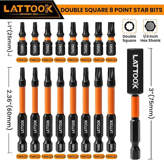 Double Square 8 Point Star Bit Set, LATTOOK 17PCS 8 Point Torx Bits 2 Square Drive Bits, Magnetic S2 Steel Torx Bit Set, 2.3'' & 1'' Long, #1, #2, #3