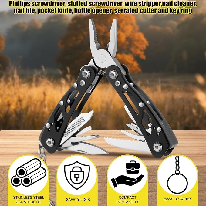 Lasnten 6 Pcs Small Multitool Pliers, Christmas Gifts for Men Stainless Steel Small Multitool Mini Pliers Foldable Knife, Bottle Opener, Screwdriver Apply to Survival, Camping, Dad Gifts (Black)