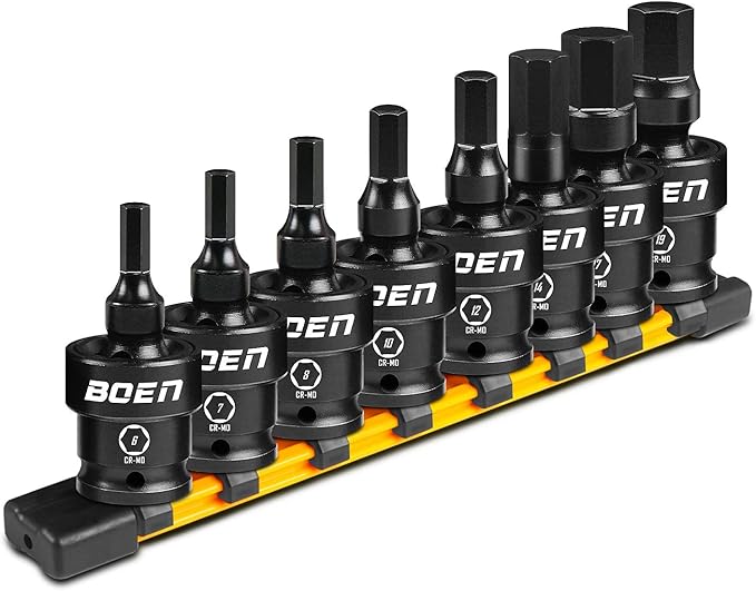 BOEN 8-Pieces Universal Hex Bit Driver Impact Socket, 1/2" Drive Metric Size (6, 7, 8, 10, 12, 14, 17, 19mm) With Socket Rail, CR-MO Steel