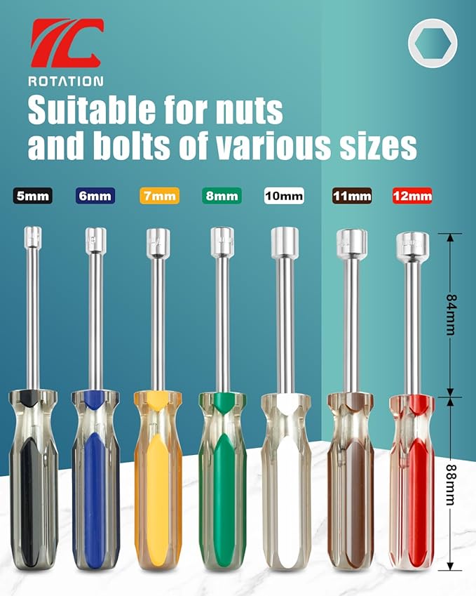 ROTATION 7PC Metric Nut Driver Set - 5-12mm Hex Drivers for Bolts Nuts Fasteners, Color-Coded Non-Slip PVC Grips