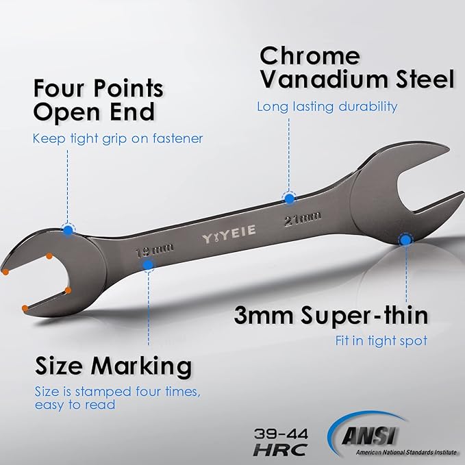 YIYEIE Super-Thin Open End Wrench Set, 10-Piece Metric, 5.5, 7, 8, 9, 10, 11, 12, 13, 14, 15, 16, 17, 18, 19, 20, 21, 22, 23, 24, 27 mm, Nickel Coating, CR-V Steel, Slim Wrench with Rolling Pouch