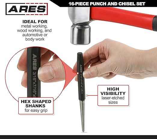 ARES 50005-16-Piece Punch and Chisel Set - Tapered, Pin, Center Punches & Cold Chisels for Various Applications