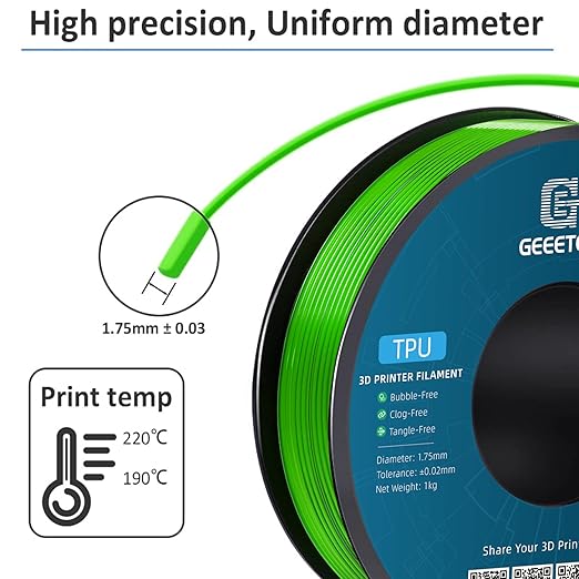 Geeetech TPU Filament 1.75mm, 95A Flexible 3D Printer Filament with High Elasticity, 1KG (2.2lbs) Spool, Dimensional Accuracy 짹0.03mm, Fits Most FDM Printers (Clear Green)