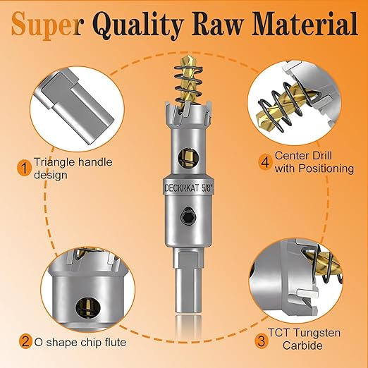 DECKRKAT 2-Pack 5/8” TCT Hole Saws for Hard Metal, Heavy Duty 16mm Tungsten Carbide Tipped Hole Cutters Set with Spring-Loaded Pilot Drill Bits for Stainless Steel, Metal, Iron, and Plastic
