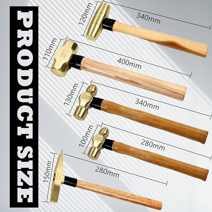WEDO 5-Piece Hammer Set - 3lb Sledge, 1.5lb Drum, 1lb & 2lb Ball Pein, 0.7lb Scaling Hammers with Brass Heads and Wooden Handles