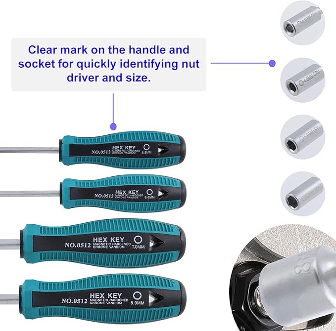 Hex Nut Driver Set, Socket Wrench Screwdriver Cr-V Steel Hexagon Nut Driver, 10 Sizes 3mm, 3.5mm, 4mm, 4.5mm, 5mm, 5.5mm, 6mm, 7mm, 8mm, and 9mm for Repairs