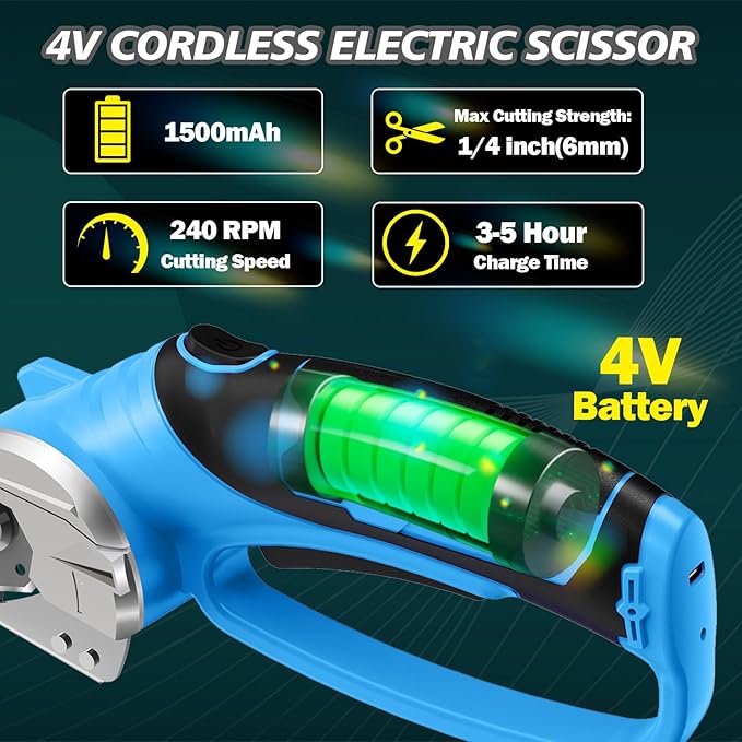 Cordless Electric Scissors, 4V Rechargeable Box Cutter & Cardboard Cutter with LED Light, Safety Lock - Rotary Cutter for Fabric, Leather, Carpet, Plastic, Crafting, Sewing with Storage Box (Blue)