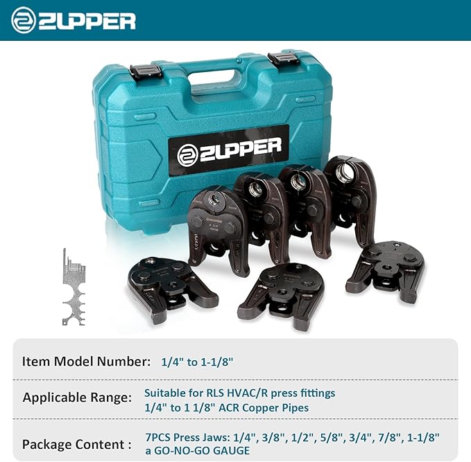 ZUPPER 7PCS Press Jaws Kit 1/4" to 1 1/8" for RLS ACR Copper Pipes Compatible with Standard Press Tools (32 kN/ 7,200 lbs) Suitable for HVAC/R, Refrigeration Hydraulic Pressing Tools