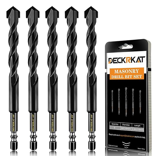 DECKRKAT 5-Piece 3/8" Carbide Masonry Drill Bits for Concrete, Brick, Tile - Black Hex Shank Set w/Heavy-Duty Case, Quick Change Fit Drill Driver