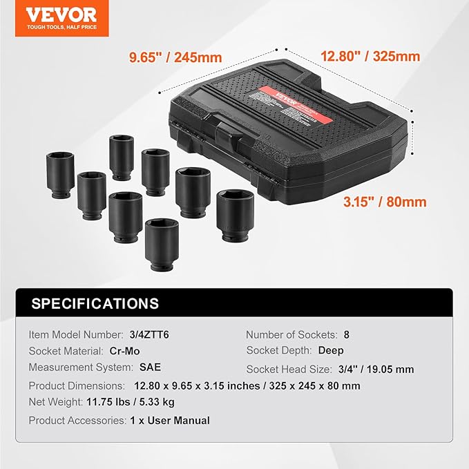 VEVOR Axle Nut Impact Socket Set - 3/4" Drive Deep 6-Point 8-Piece SAE Spindle Nut Socket CR-MO Heat Treated Large Socket Set with Storage Case for Auto Repair, Removing or Installing Axle Nuts