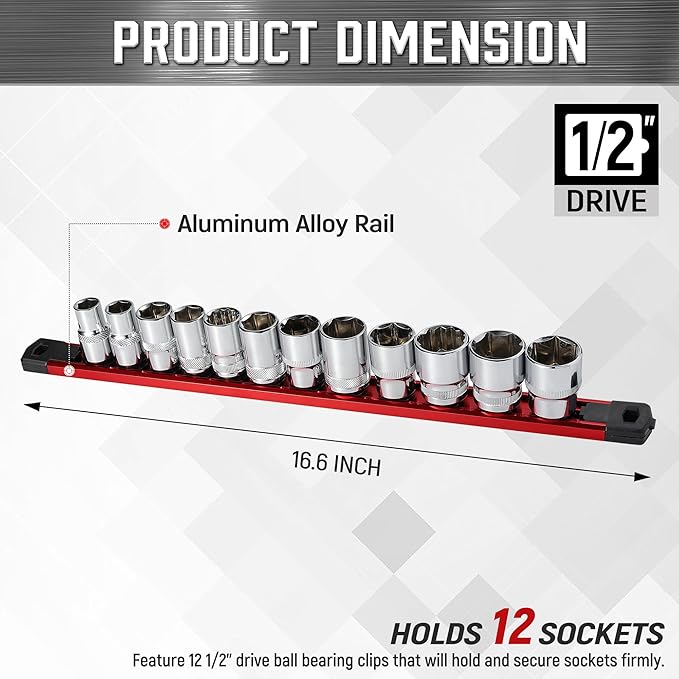 ALOANES 1/2-Inch Drive Magnetic Socket Organizer, Heavy Duty Aluminum Socket Rail Organizer, 360째 Swivel Clips Socket Rail Set For Sockets Storage, 1/2 Inch Socket Holder x 12 Clips (Red)