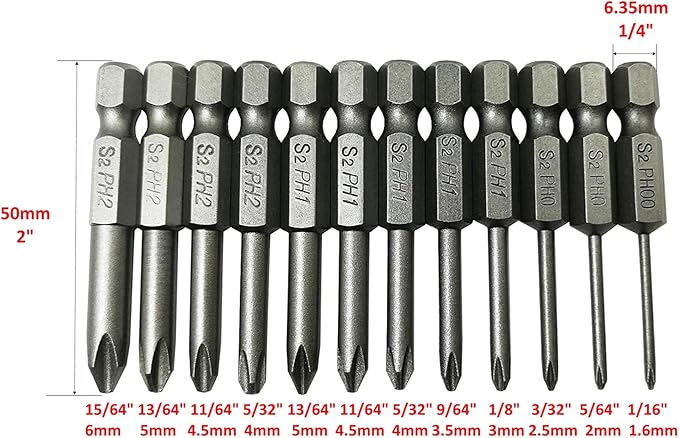 aiyun 18 Piece Slotted Phillips Head Drill Bit Set, 1/4 Inch Hex Shank S2 Steel Magnetic 2Inch Long Screwdriver Bits with Storage Box (Slotted Phillips)