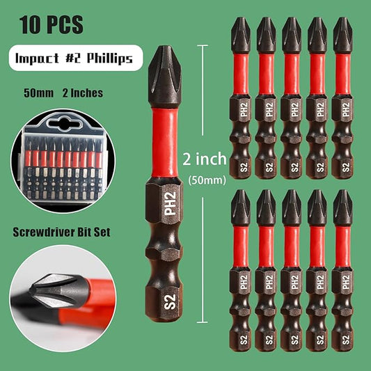 Impact #2 Phillips Screwdriver Bit Set, 10 Pieces 2??S2 Steel Magnetic PH2 Tips Driver Power Bit Set with Organizer Case
