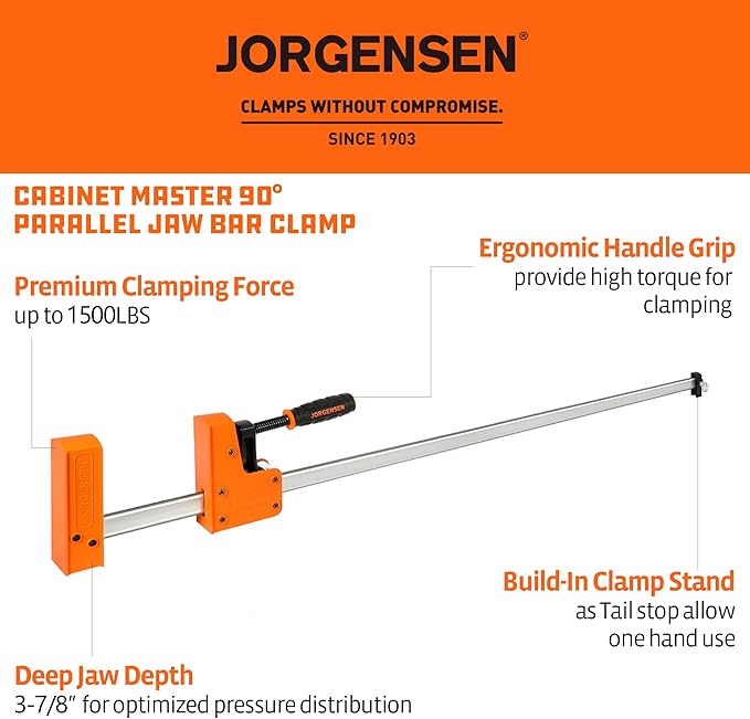JORGENSEN 48-inch Bar Clamps, 90째Cabinet Master Parallel Jaw Bar Clamp Set, 2-pack