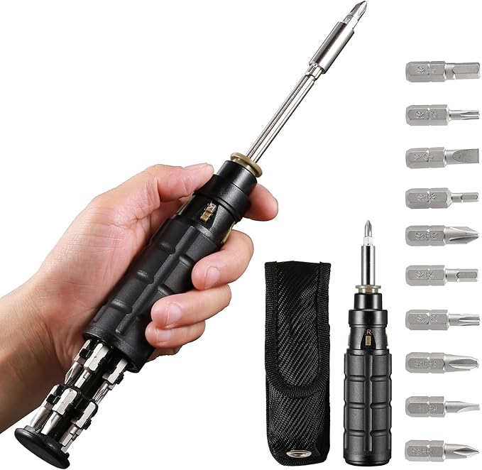 Magnetic Ratcheting Screwdriver 10-in-1 Set with 10 Bits (Phillips, Flathead, Torx, Hex) and 1/4 Inch Nut Driver - Compact Multi-bit Tool Kit for Home & Workshop