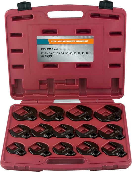NEIKO 03326A 쩍??Drive Jumbo Crowfoot Wrench Set | 14 Piece | Metric | 27 to 50 mm | Cr-Mo Steel, Red