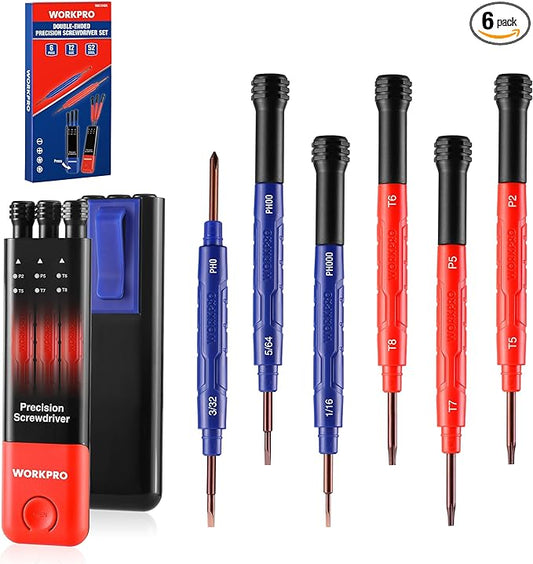 WORKPRO 6-Piece Precision Screwdriver Set, 12 Sizes Double-Ended Small Screwdrivers with Phillips, Slotted, Pentalobe and Torx Tips, Mini Screwdriver for Eyeglasses, Watches, Computers and Phones