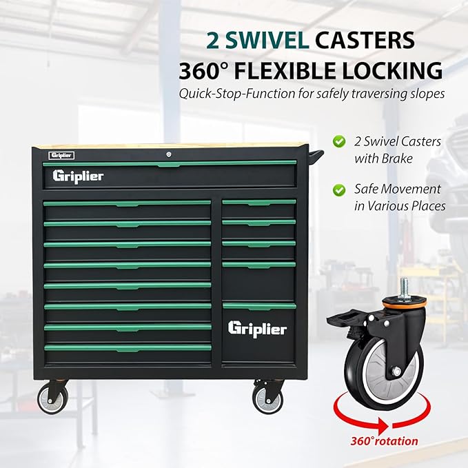 14-Drawers Rolling Tool Chest with Wood Workbench,Brake Casters,Lock & Key,Heavy-Duty Steel Tool Cabinet Storage, for Home,Garbge or Workshop Use (14 Drawer + 348 Pieces Tools)