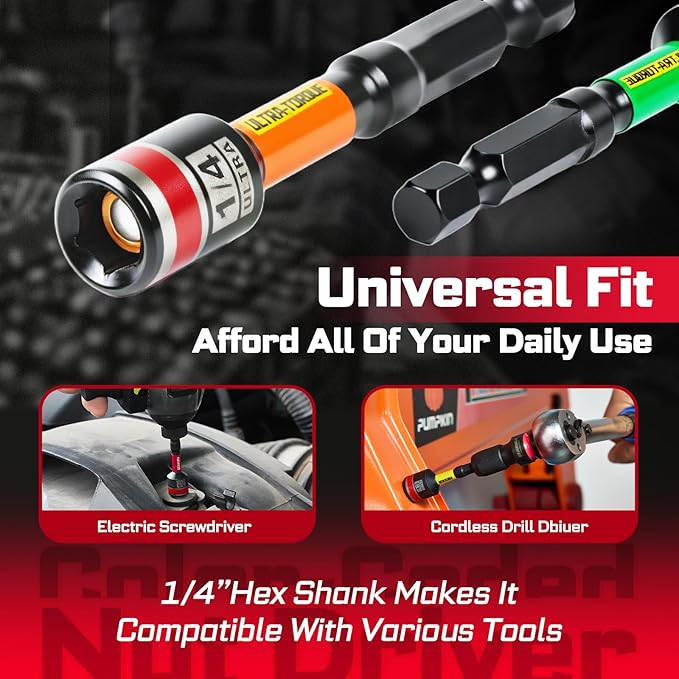 Impact Nut Driver Set, 10 Pieces 2.56?쒵ong 1/4??/16??/8??/16??1/2?? Point Alloy Steel Magnetic SAE Nut Setter Set Use For Require Installing 1/4 Hex Shank Impact Driver with Case Box