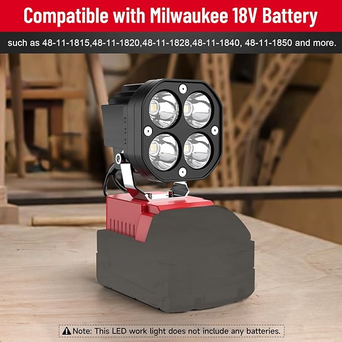 LED Work Light Compatible with Milwaukee 18V Battery, Azocek 40W 6000LM Flashlight, 18V Battery Cordless Work Light 120째Adjustable with Low Voltage Protection for Outdoors and Job Site Lighting