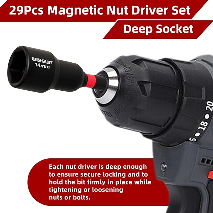 WISEUP 29PCS Magnetic Nut Driver Set，Impact Drill Driver Bit Set & 1/4" Hex Shank，Cr-V Steel SAE & Metric Power Nut Drivers，Includes Magnetic Bit Holder, Quick Release Extension with Storage Bag