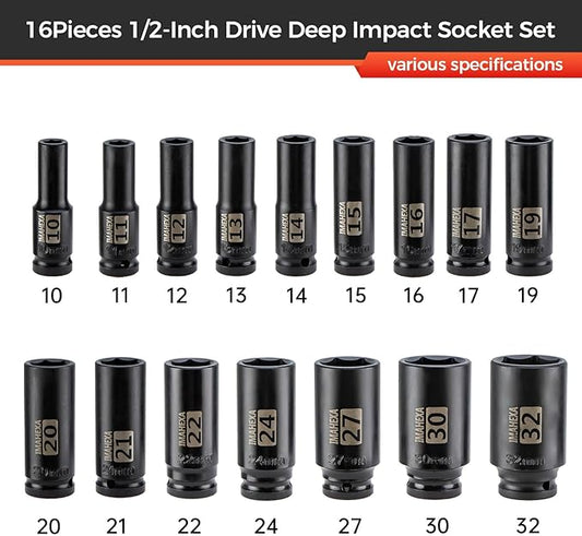 16PCS Impact Socket Set 1/2"Drive,Metric Sizes (10 to 32 mm),Allen Socket Set,Deep CO-MO Meterial Socket Set,Sleek Socket With Premium Red Organizer