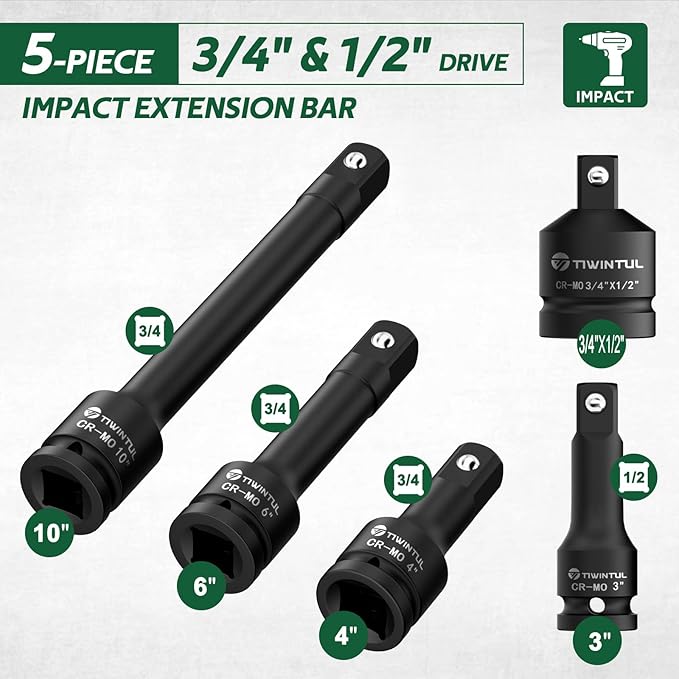 3/4" Drive Impact Extension Bar Set, 5 PCs 3" 4" 6" 10" Impact Socket Extension, 3/4" to 1/2" Adapter with CR-MO Steel, Storage Box for Car, Truck, Tractor Repair