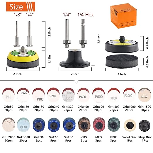270Pack 2inch Sanding Discs Pad Variety Kit for Drill Grinder Rotary Tools Die Grinder Accessories with 1/8"&1/4" Shank Backer Plate, Sanding Pads Includes 36-3000 Grit