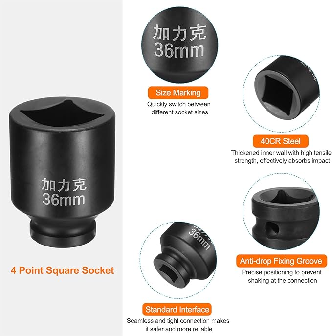 HARFINGTON 4 Point Square Socket 3/4" Drive by 36mm Metric Square Impact Socket 40CR Blackening Standard Wheel Sockets Pneumatic Socket Tool for Auto Repair Mechanical Maintenance Home Use