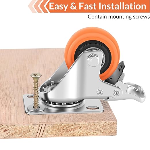 Caster Wheels, 2" Casters Set of 4 Heavy Duty - Locking Casters Orange Polyurethane Wheel, Swivel Plate Caster with Brake, Non-Marking Castor Wheels for Carts Furniture and Workbench