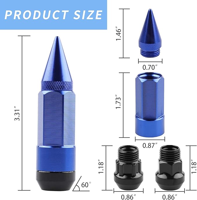 20Pcs Anti Theft Spikes Extended Tuner Wheel/Rims Lug Nuts with Wheel Locks M12X1.5+Socket (Blue)