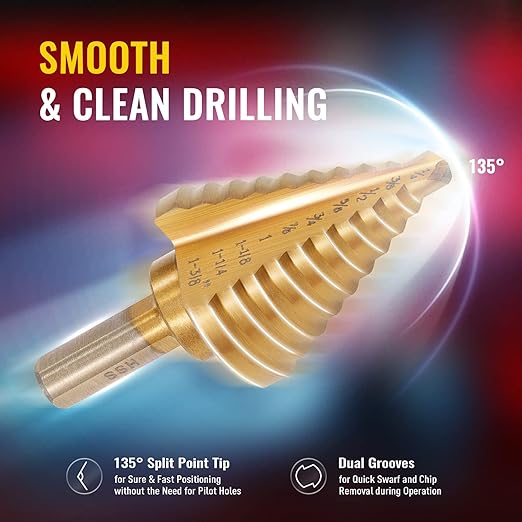 ZELCAN 10 Sizes Titanium Step Drill Bit, 1/4 to 1-3/8 Inches High Speed Steel Drill Cone Bits for Sheet Metal Hole Drilling Cutting, HSS Multi Size Hole Stepped Up Unibit for DIY Lovers Electrician