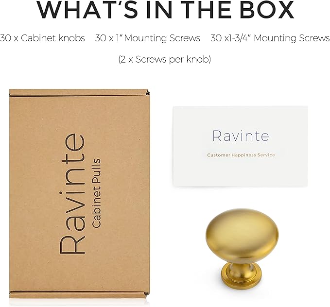 Ravinte 30 Pack Cabinet Hardware - Brushed Brass Zinc Knobs and Drawer Pulls For Cabinets, Dressers, and Drawers
