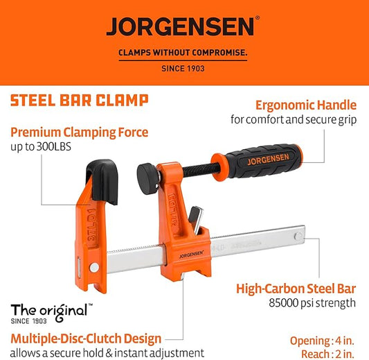 Jorgensen 2-Pack Steel Bar Clamp Set, 4-inch Light Duty, 300 Lbs Load Limit, for Woodworking