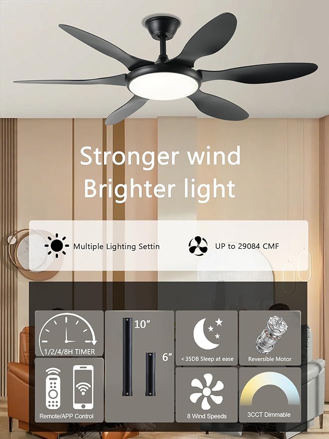 Ceiling Fans with Lights, 51 Inch Ceiling Fan with Light and Remote Control, Reversible, 3CCT, Dimmable, Noiseless, LED Black Ceiling Fan for Bedroom, Living Room, Indoor/Outdoor Use