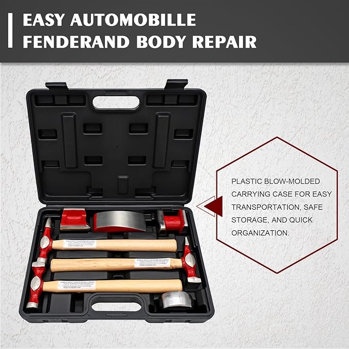 7 Piece Auto Body Repair Kit竊똇ammer and Dolly Tools with Carbon Steel on Wood Handles,Performance Heavy Duty Dollies Set,Roller Fixer Dent Remover Tool.