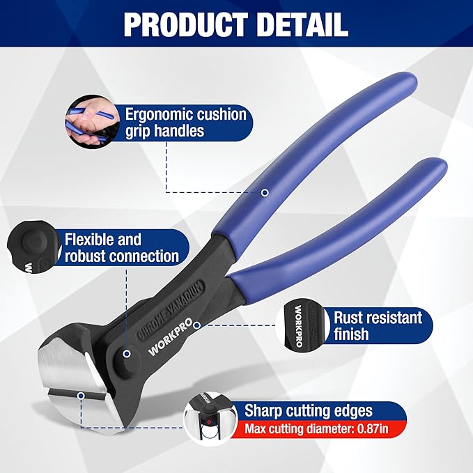 WORKPRO 8 Inch Nail Puller, End Cutting Pliers - Black Finish Chrome Vanadium Steel, High Leverage End Cutting Nipper, Carpenters Pincers, End Snips for Pulling Nails or Cutting Wires