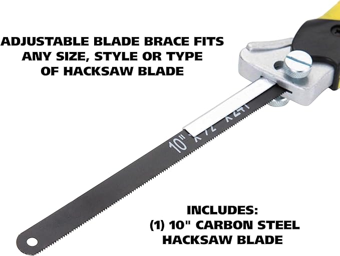 GreatNeck 80070 True Close Quarter Hacksaw, Cut Through Wood, PVC, Foam, Brass, and More, 10 inch Carbon Steel Blade and Strong Aluminum Hacksaw Frame Included, Designed for Power and Comfort