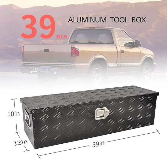 39 Inch Heavy Duty Aluminum Truck Bed Tool Box, 5 Bar Tread Storage Organizer, Lock & Keys, Black (39"x13"x10")