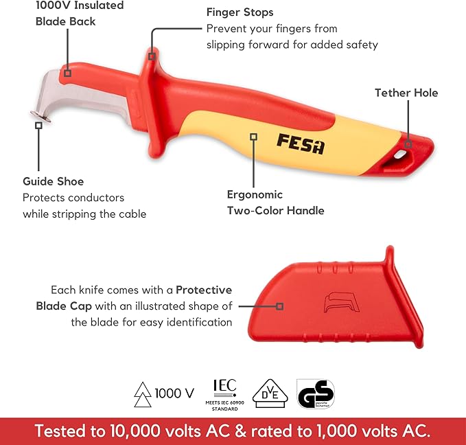 FESA Insulated Cable Knife Set - 4-Piece 1000V Insulated Electrician Knife Set for Cable & Wire Dismantling, Stripping & Skinning - With a Compact Zippered Storage Case - 1000V Insulated Tool Set