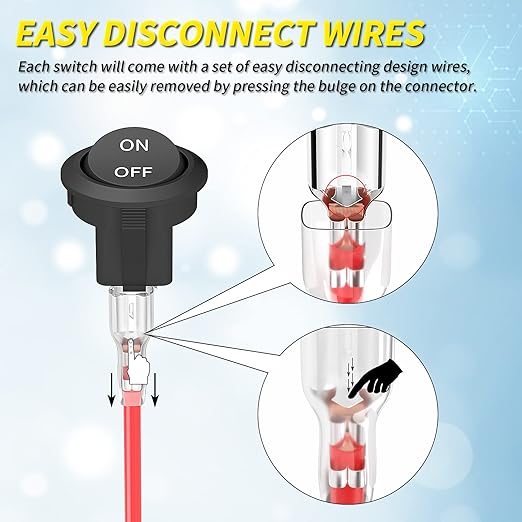 Joinfworld 10Pcs Round Rocker Switch 12V ON Off Switch 12 Volt DC Circle Toggle Switch 2 Pin SPST 6A/250V 10A/125V AC 20MM Small Rocker Switch with Wires for Auto Car Marine Boat - UL Listed