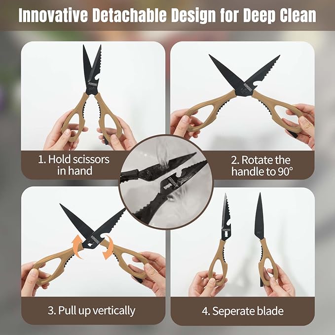 Kitchen Scissors All Purpose, Extra Sharp Kitchen Shears with Knife Sharpener & Sheath, Solid & Durable Stainless Steel Scissors with ANTI-RUST Black Titanium Plated, Dishwasher Safe - Brown