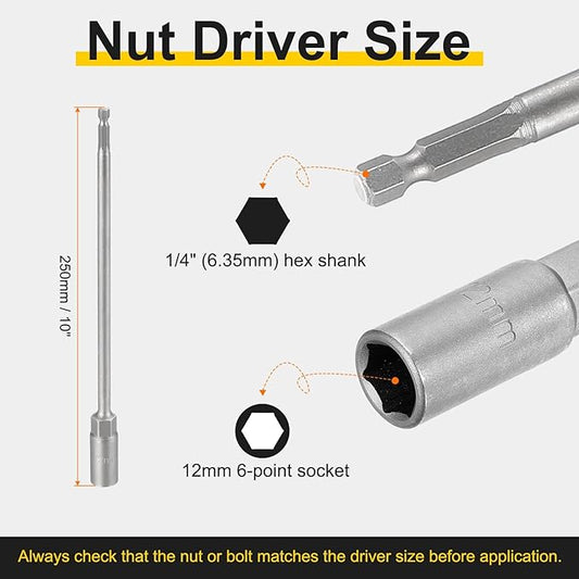 HARFINGTON 2pcs Nut Driver Drill Bit 12mm Metric Socket 1/4" Hex Shank 10" (250mm) Extra Long Magnetic 6-Point Sockets Quick Change 40Cr Steel Bolt Setters for Power Drill Drivers